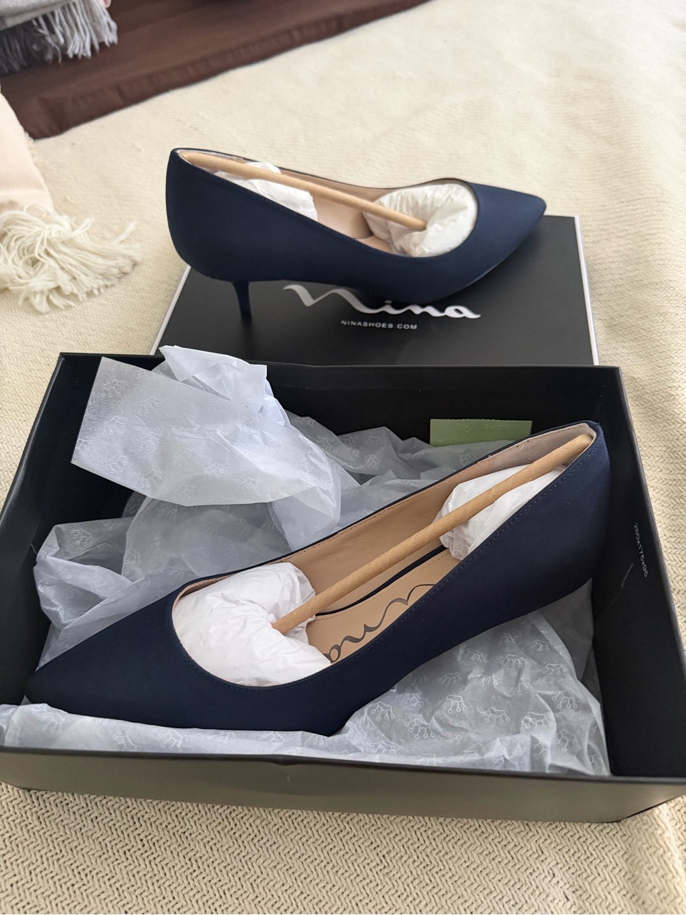 Nina Navy Satin Pointed-Toe Kitten Heel Pumps